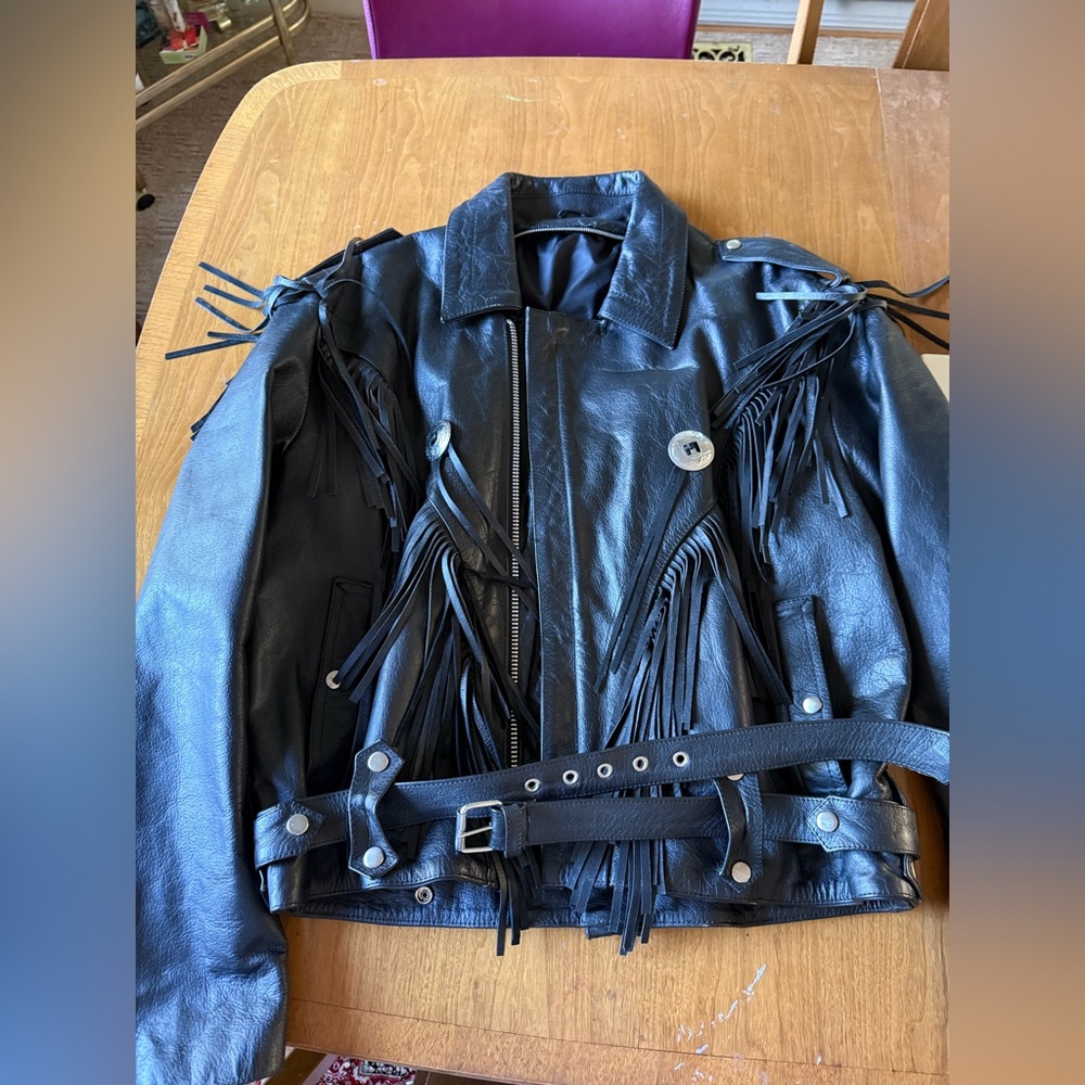 Wilson’s Fringed Black Leather Biker Jacket XL - Picture 2 of 16
